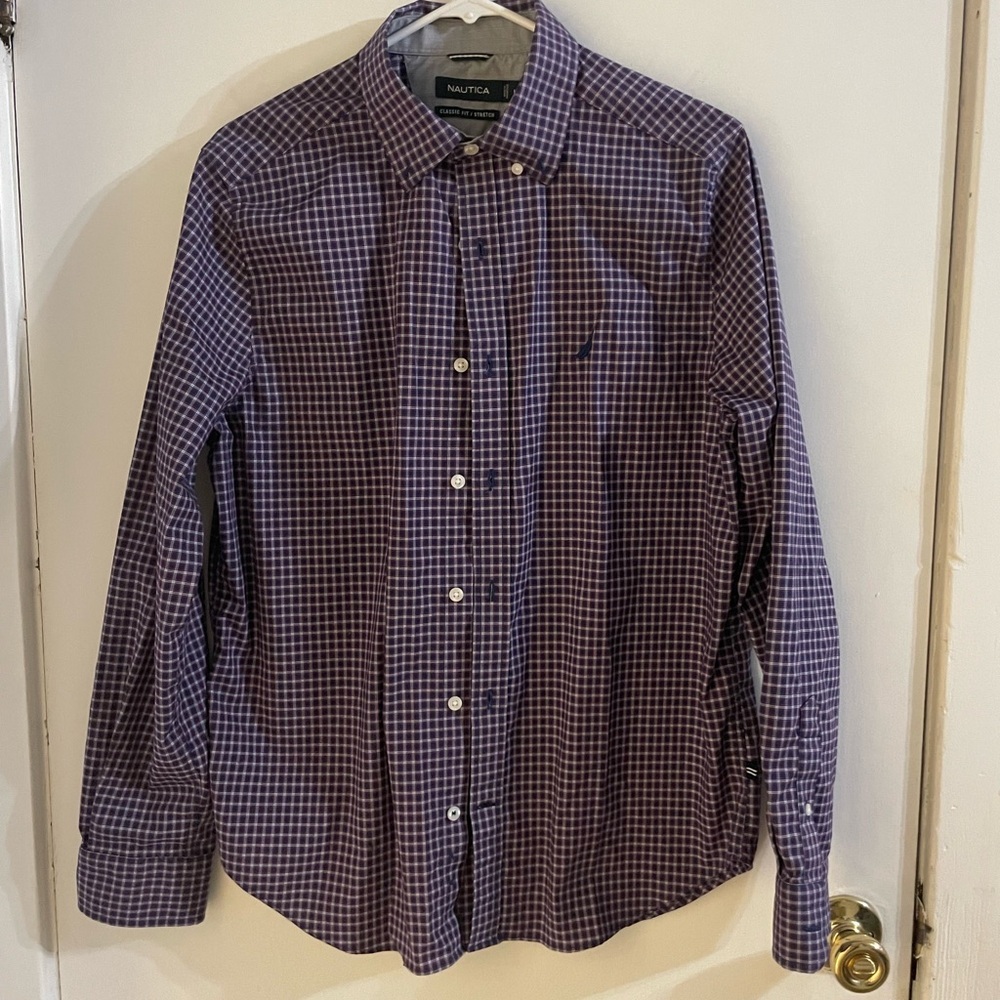 Nautica Men's Casual Navy Blue & Red Plaid Shirt size medium